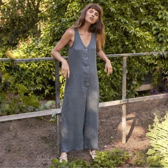 NEW Lacausa Elderflower Jumpsuit Relaxed  Wide Leg Button Front Sage Medium - Picture 1 of 15